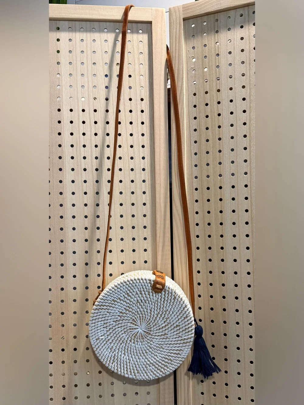 Women’s Round Woven Crossbody Bag — White with Tan Trim
